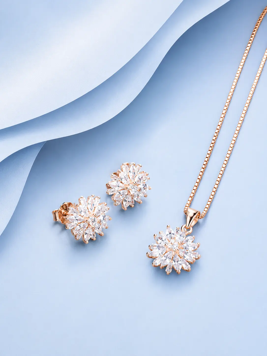 Flower Rose Gold webp Rose Gold Floral Pendant Necklace and Stud Earrings Set in 92.5 Sterling Silver